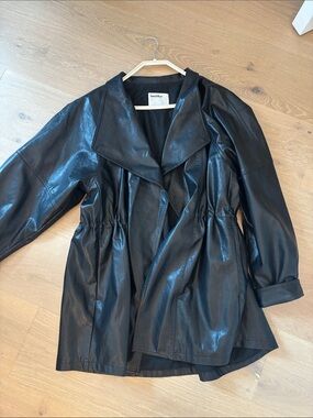 Black Faux Leather Cinched-Waist Jacket